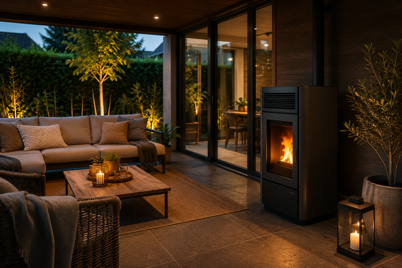 Pelletkachel buiten voor een tuinkamer of veranda