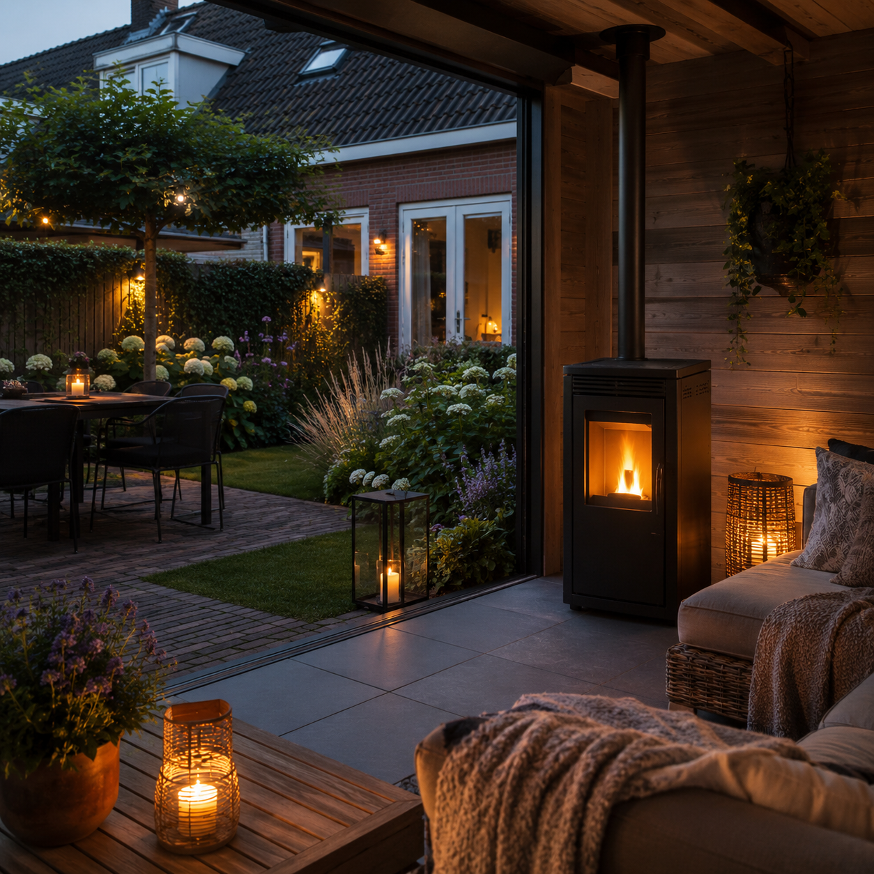 Pelletkachel buiten in een veranda of tuinkamer